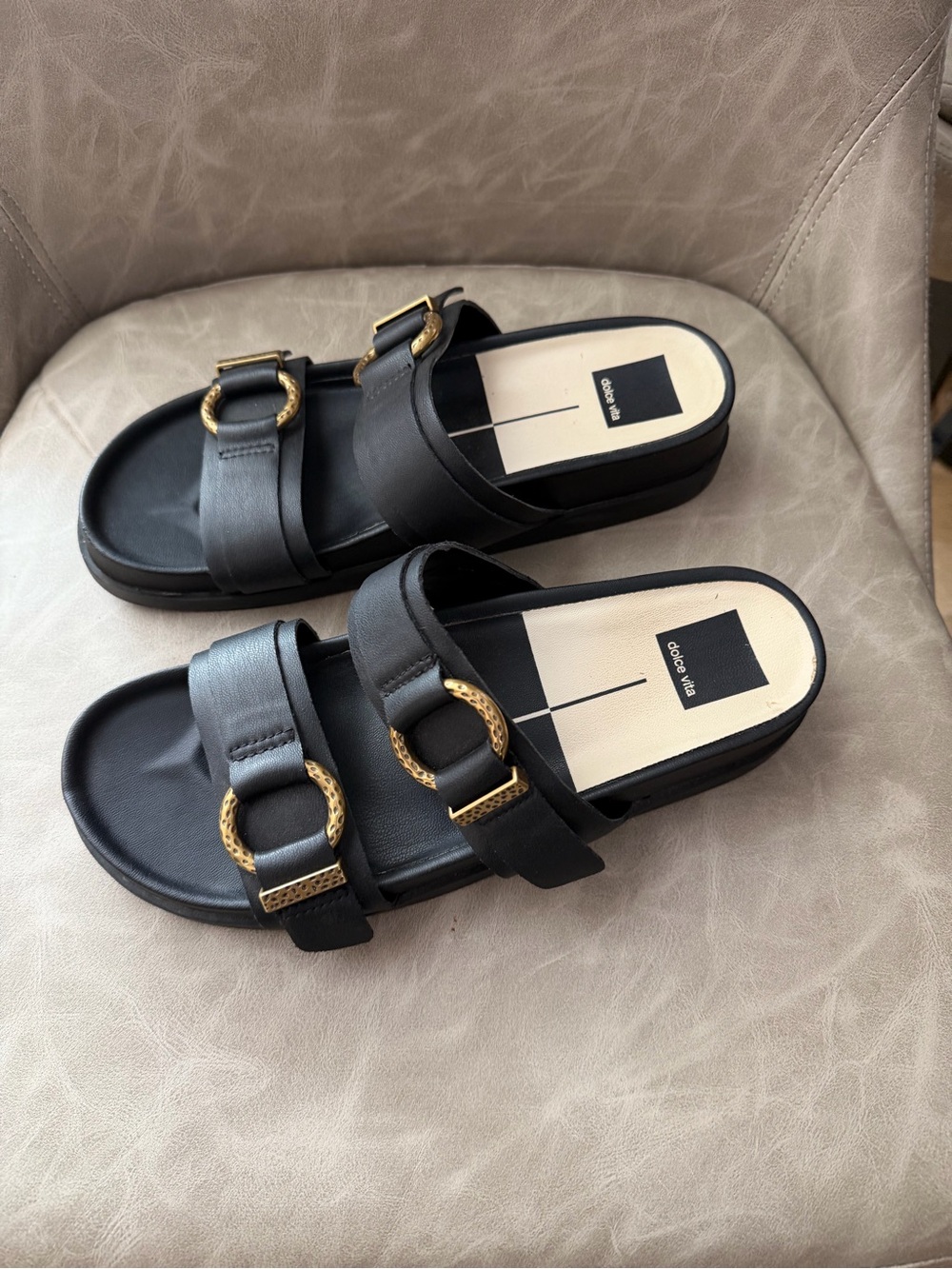 Dolce Vita Black Double-Strap Slide Sandals with Gold Hardware